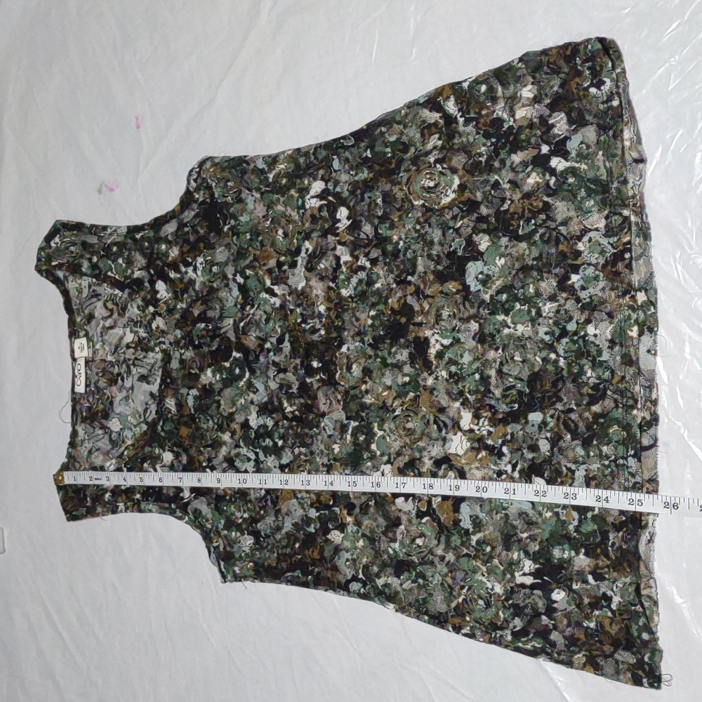 Medium Black, green, brown and white floral mesh sleeveless top.
